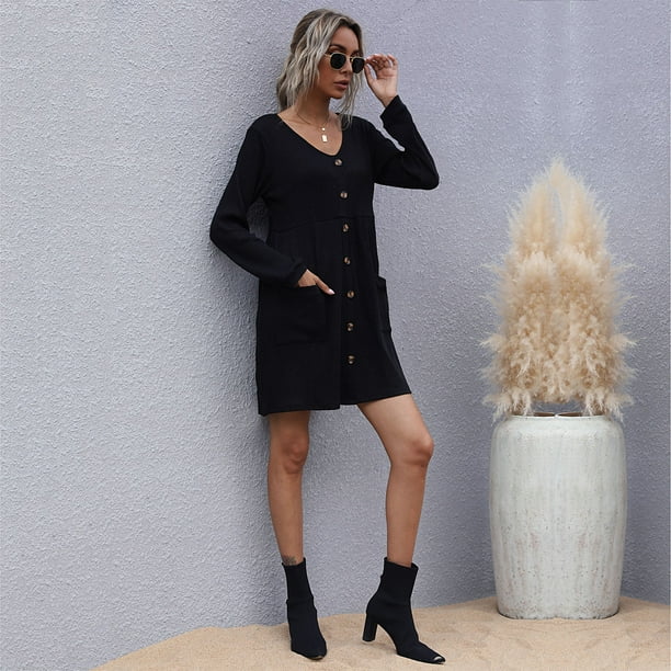 Button Down Long Sleeve Dress Comfortable Simple Loose Fit Knit Mini Dress Skin Friendly Breathable Solid Color With Side Pockets For School Black