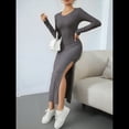 thumbnail image 4 of Vestidos Largos de Otoño para Mujer, de Larga, Informales, de Punto Acanalado, Ajustados, Elegantes, con Cuello Redondo y Abertura Lateral Gris Oscuro M, 4 of 8