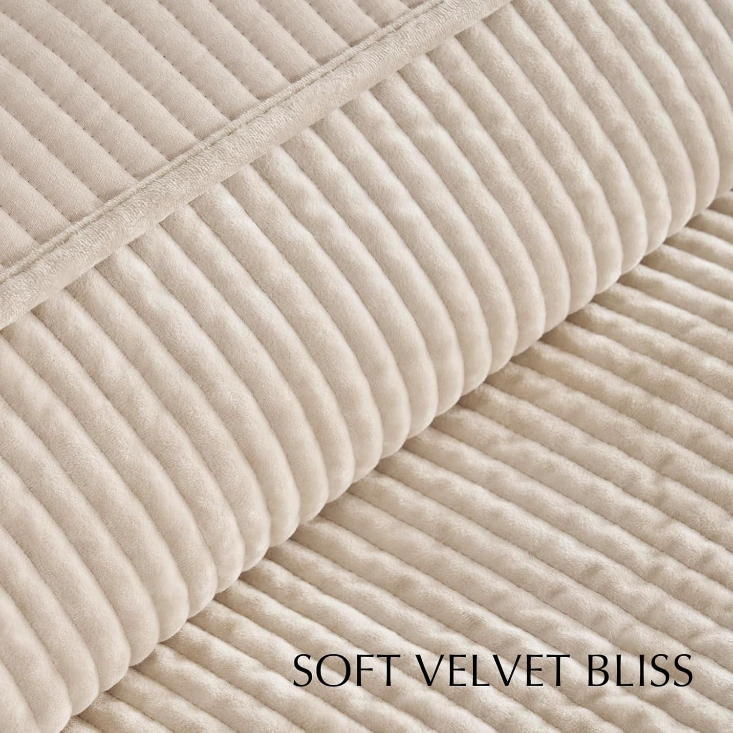 EVERGRACE Velvet Quilt Set Queen Size, Luxurious Soft Quilted Bedding Sets, Lightweight Velvet Comforter for All Season, Striped Channel Bedspread Coverlet with 2 Shams, Light Sand