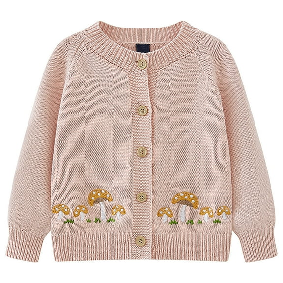 oqasdz Girls Jackets Spring Fall Round Neck Mushroom Embroidery Children Knit Cardigan Cotton Versatile Outerwear Top Coat Outwear Size 3 Y-4 Y