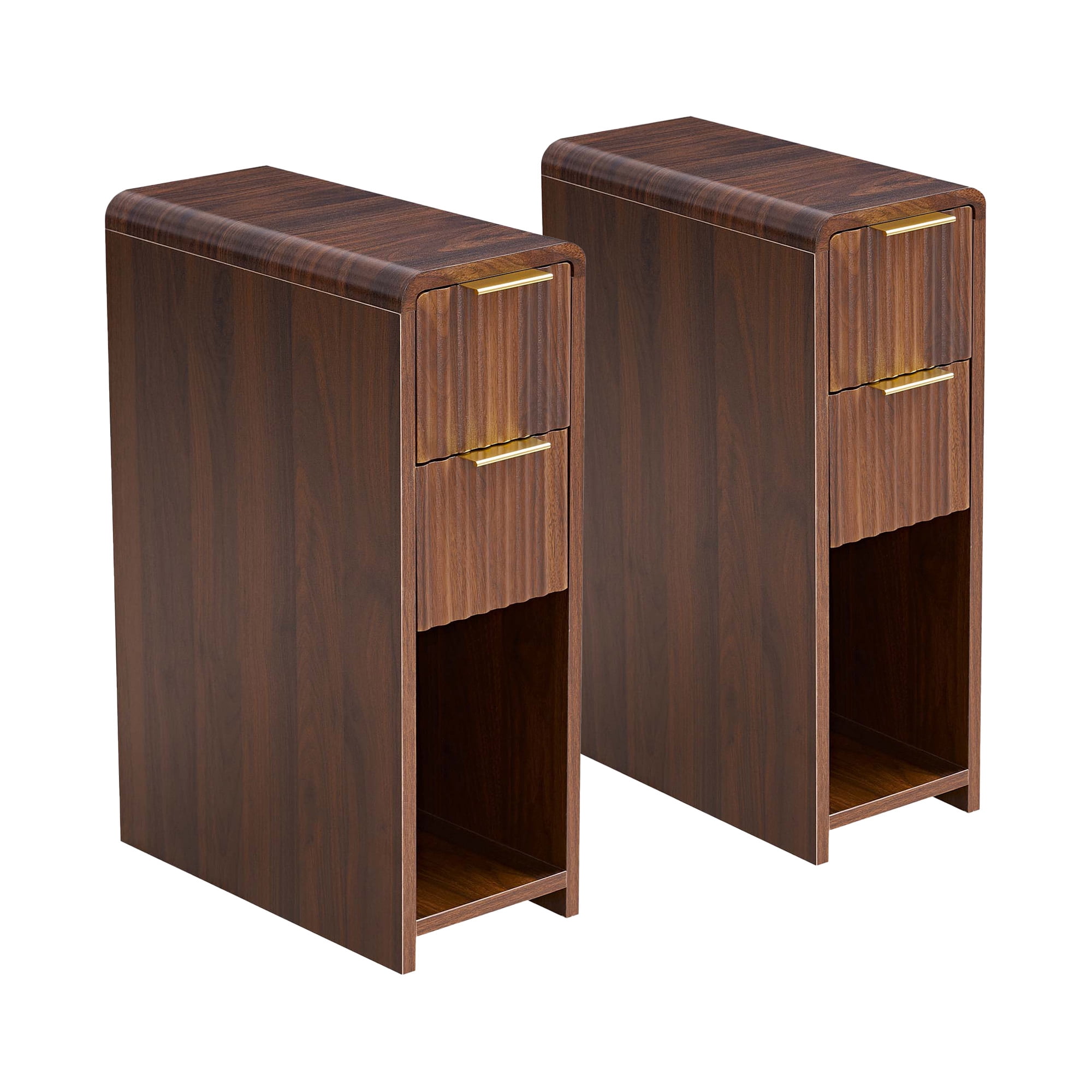 Spruce & Spring Fluted Slim Side Tables Set of 2 with 2 Drawers & Open Shelf for Living Room, End Table for Small Spaces, Walnut