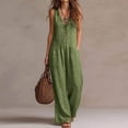 thumbnail image 2 of Brnmxoke Women’s Jumpsuit,Summer Plus Size Ruffle Hem V Neck Button Down Jumpsuits Dressy Casual Linen Sleeveless Wide Legs Overall with Pocket Green,L, 2 of 7