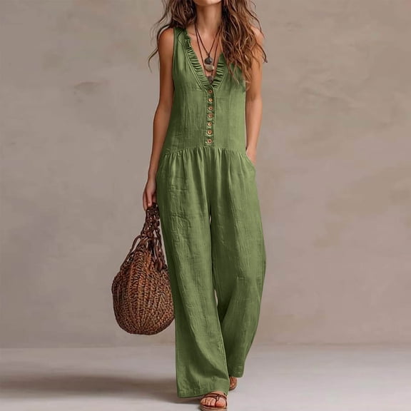 DailyTrove Women's Sleeveless Linen-Blend Jumpsuit, Casual Summer Wide-Leg Romper