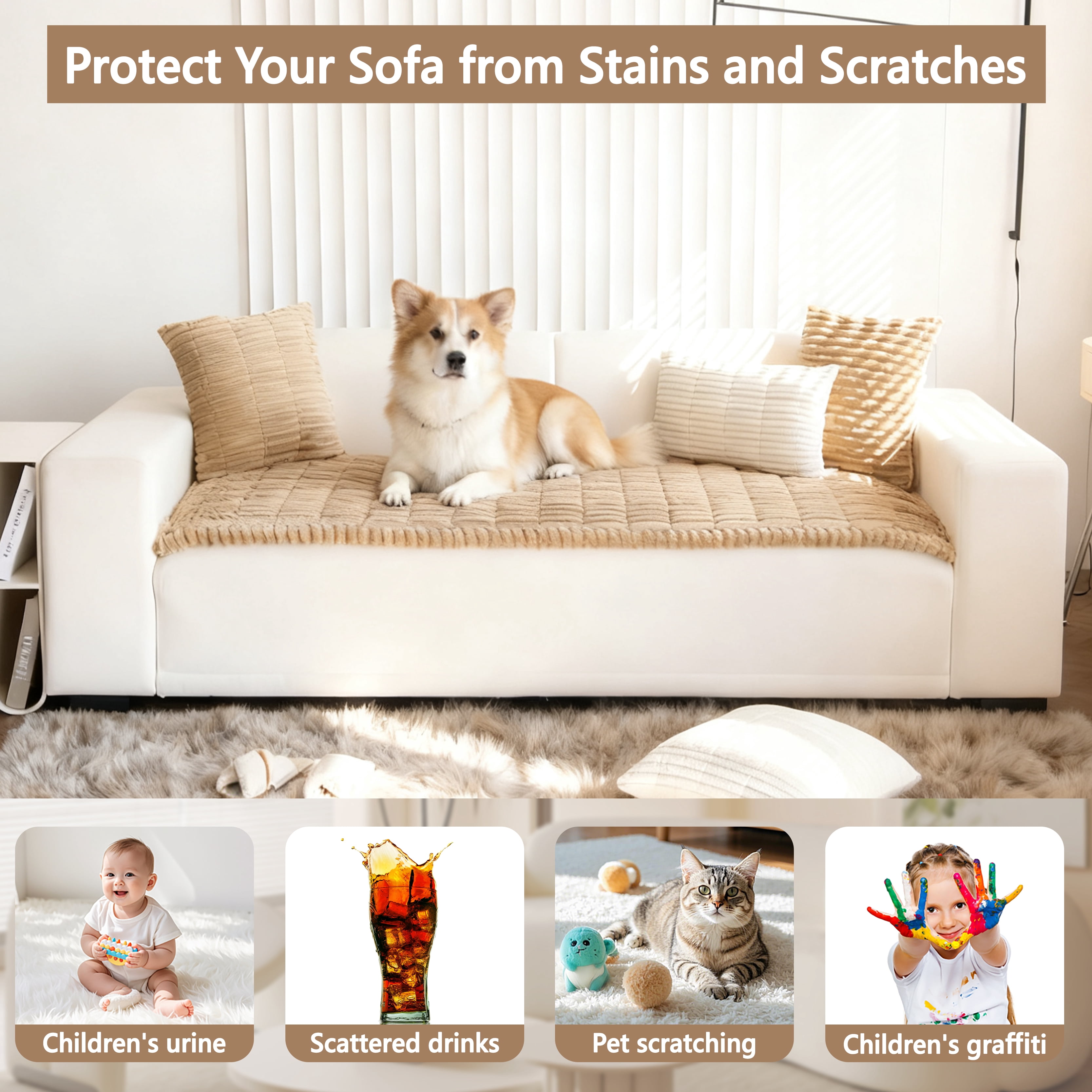 ORGOWEL Couch Cover Sofa Cover Non Slip Fuzzy Couch Covers for Dogs Washable Thick Soft Sofa Slipcovers Cushion Pet Friendly Furniture Protector(Brown,27.5"×59"）