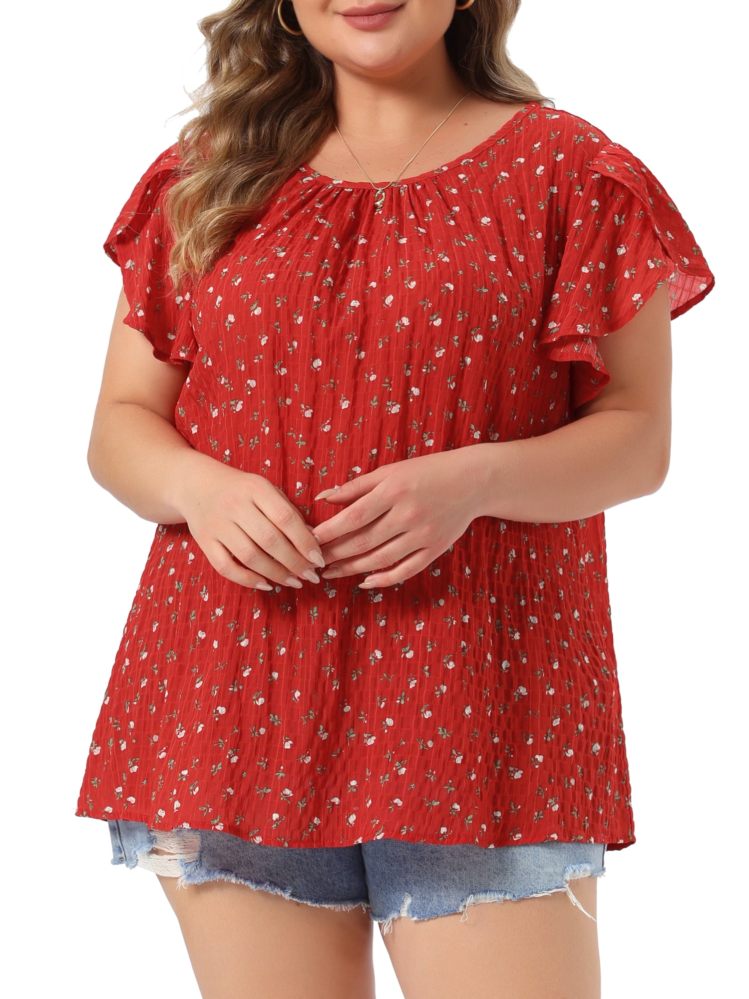 DARING DIVA Women's Plus Tops Floral Crew Neck Pleated Front Tulip Sleeve Blouse 2X Red