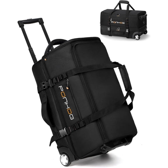 Rolling Duffle Bag with Wheels, 21 Inch Small Travel Duffel Bag with Shoe Compartment, Rolling Wheeled Luggage for Men Women Weekender Overnight Trip, Black