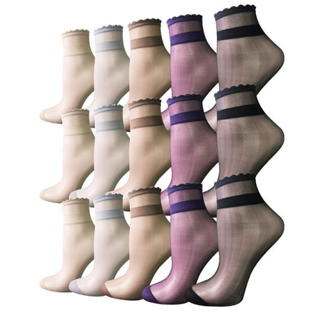 

15 Pairs Thin Sheer Transparent Socks Women Lace See Through Clear Tulle Ankle Socks (ONE SIZE FITS ALL 15 pair sheer solid color)
