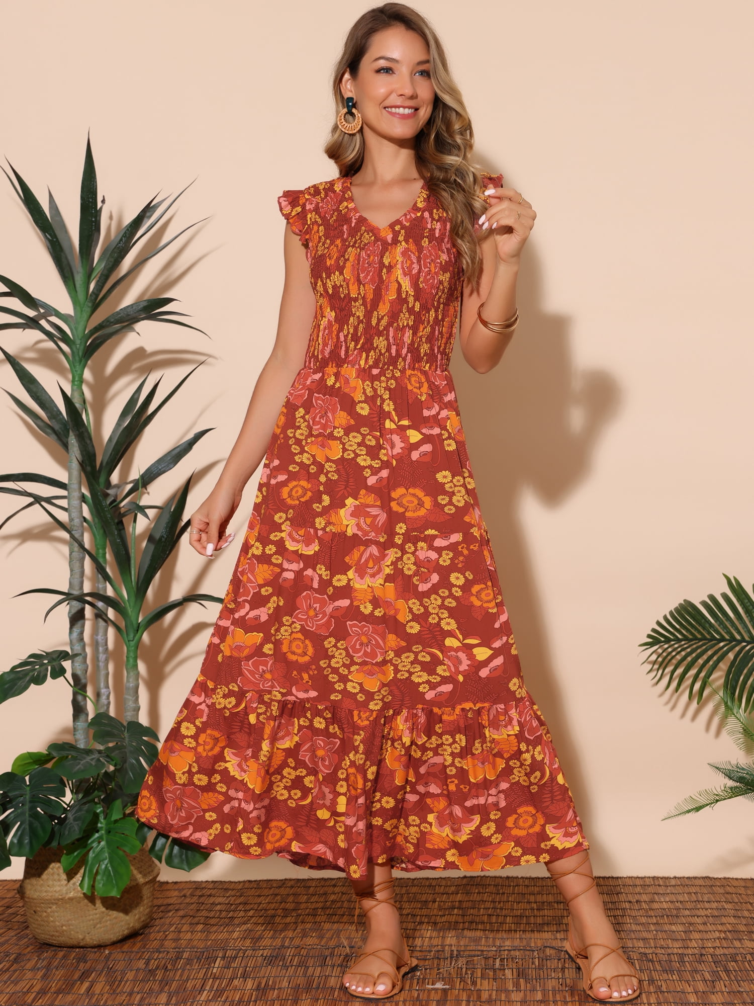 DARING DIVA V Neck Smocked Ruffle Tiered Maxi Dress M Brick Red