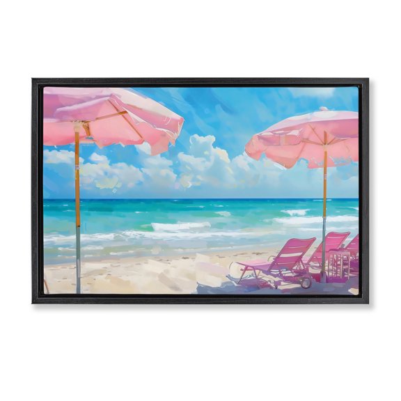 Stupell Industries Coastal Pink Paradise Beach Umbrellas Black Floating Frame Canvas Art, 25 x 17, by LSR Design Studio