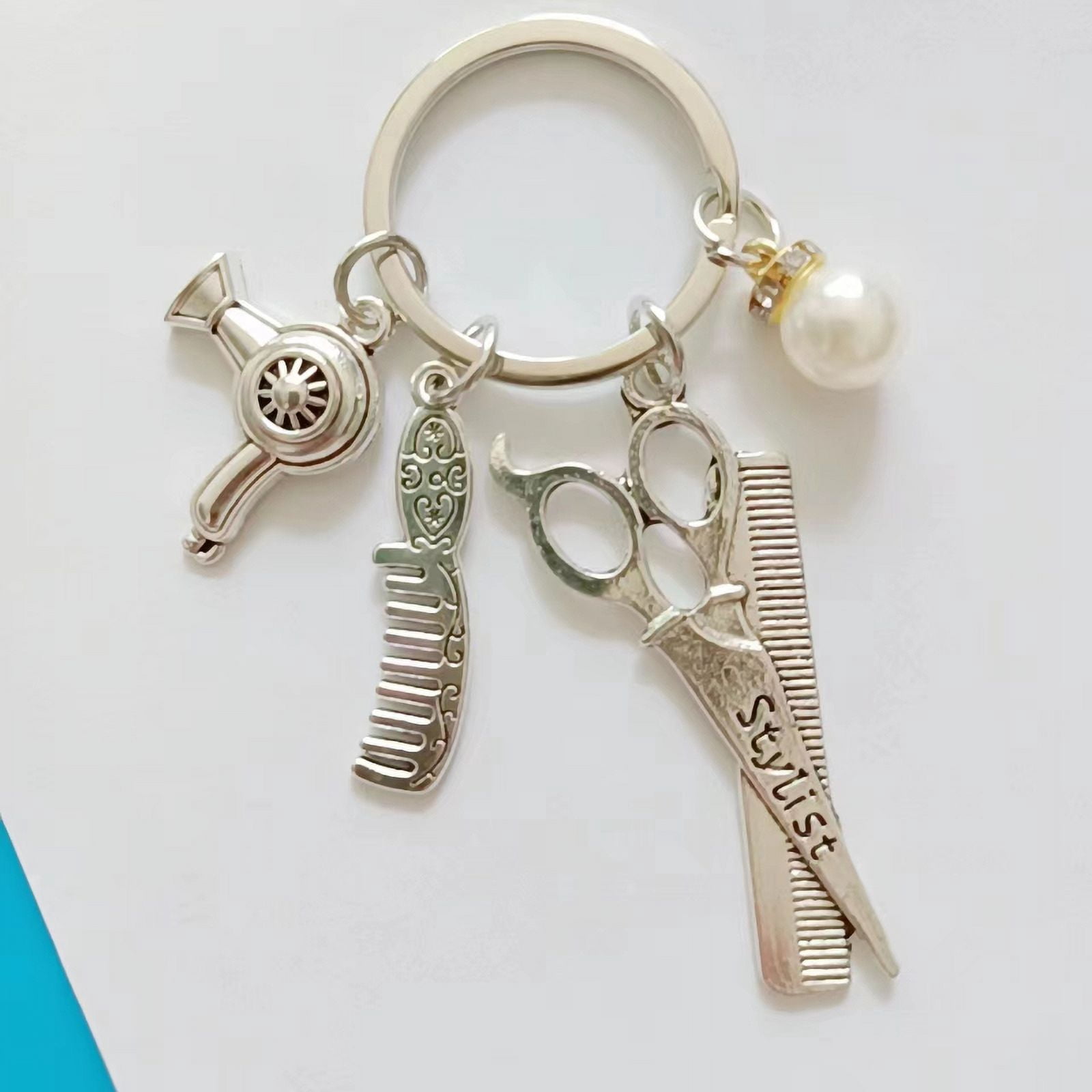 Unique barber shop charm key ring, equipped with alloy hair dryers, scissors, combs and pearl embellishment -ladies fashion hairdresser gifts, barber accessories,LFQ