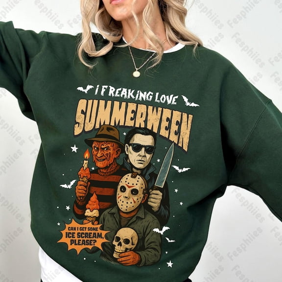 I Freaking Love Summerween Sweatshirt, Summer Halloween Sweatshirt, Killers Summer Vibes Sweatshirt, Funny Halloween, Horror Characters Sweatshirt, Halloween in Summer