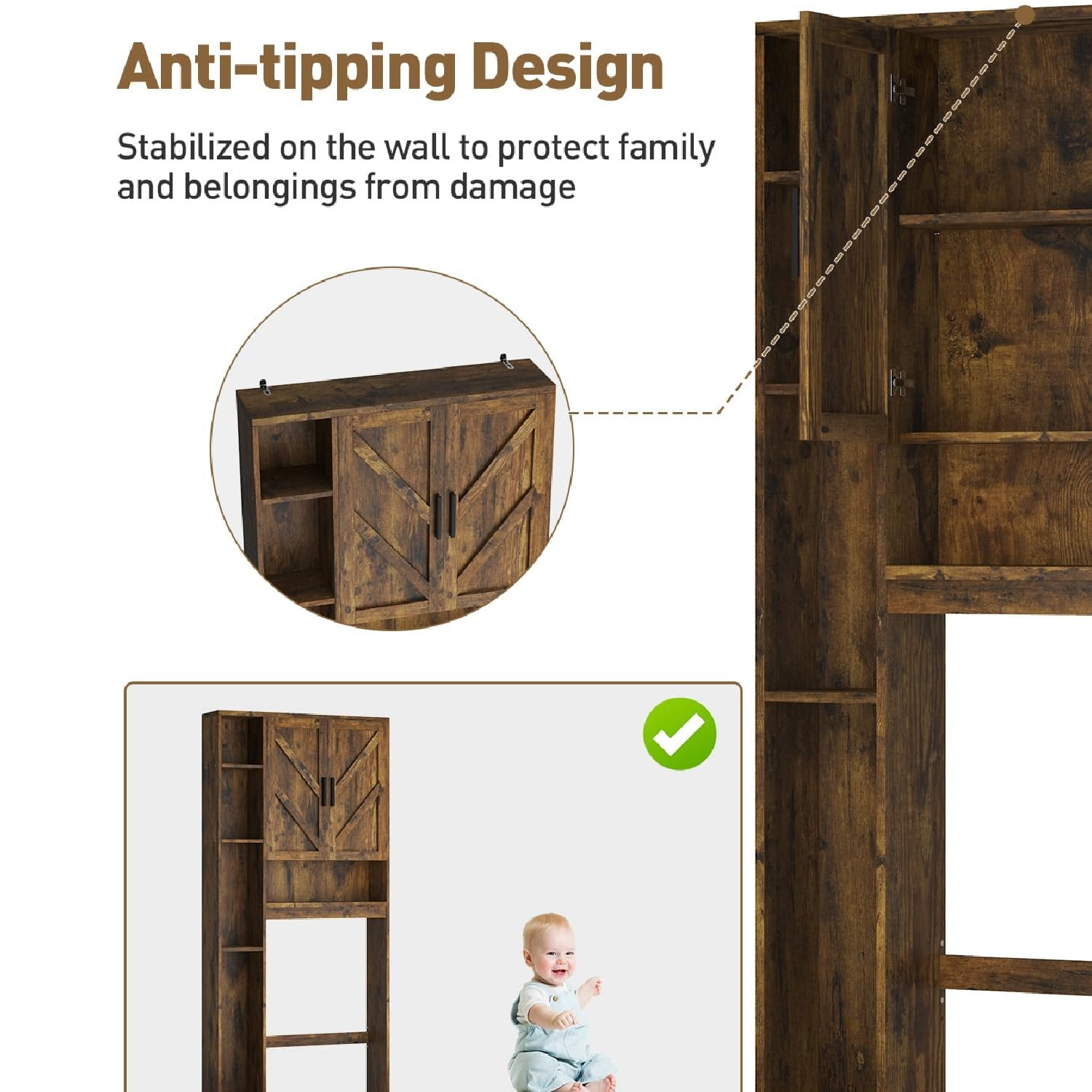 Over The Toilet Storage Cabinet with 7 Shelves, Double Doors, Bathroom Space Saver Organizer, Above Toilet with Open Shelf, Taller Wooden Paper Holder Stand, Free Standing Toilet Rack Brown