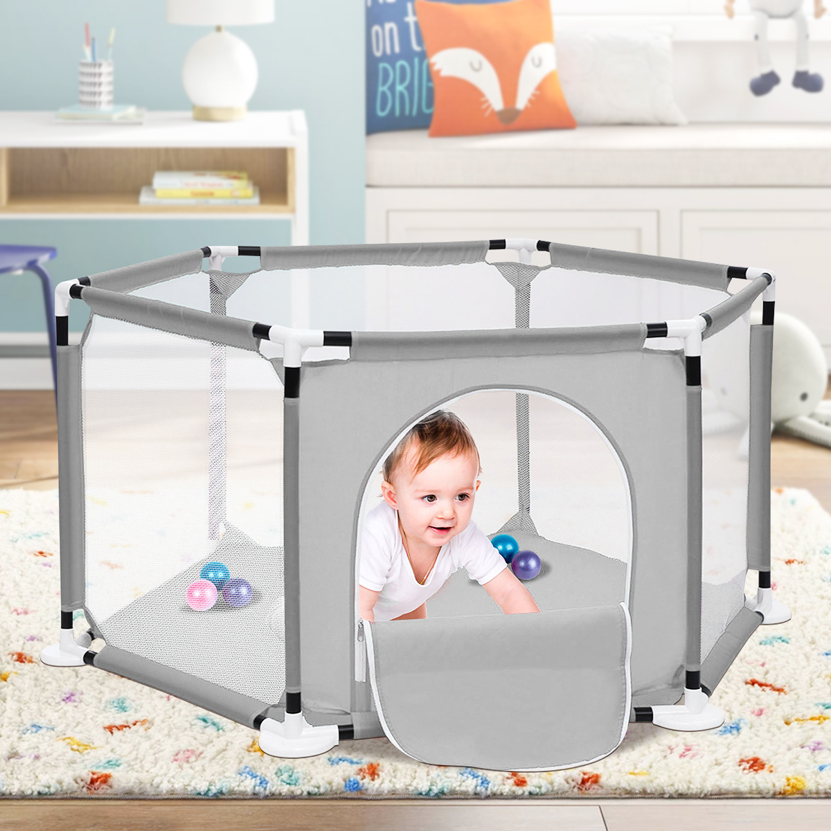 "SINGES Deluxe Portable Baby Playpen, 6-Panel Play Yard with Breathable Mesh & Zipper Door, Indoors or Outdoors Play Space Interactive  Fence for Babies Toddler Infant,Grey" - image 6 of 8
