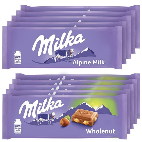 Milka European Chocolate Bars Variety Pack, Alpine Milk Chocolate & Wholenut Hazelnut Chocolate, 3.52 oz. (10 Bars Total)