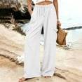 thumbnail image 4 of Women's Linen Wide Leg Cargo Pants Elastic Drawstring Waist Casual Loose Trousers With Pockets, 4 of 7