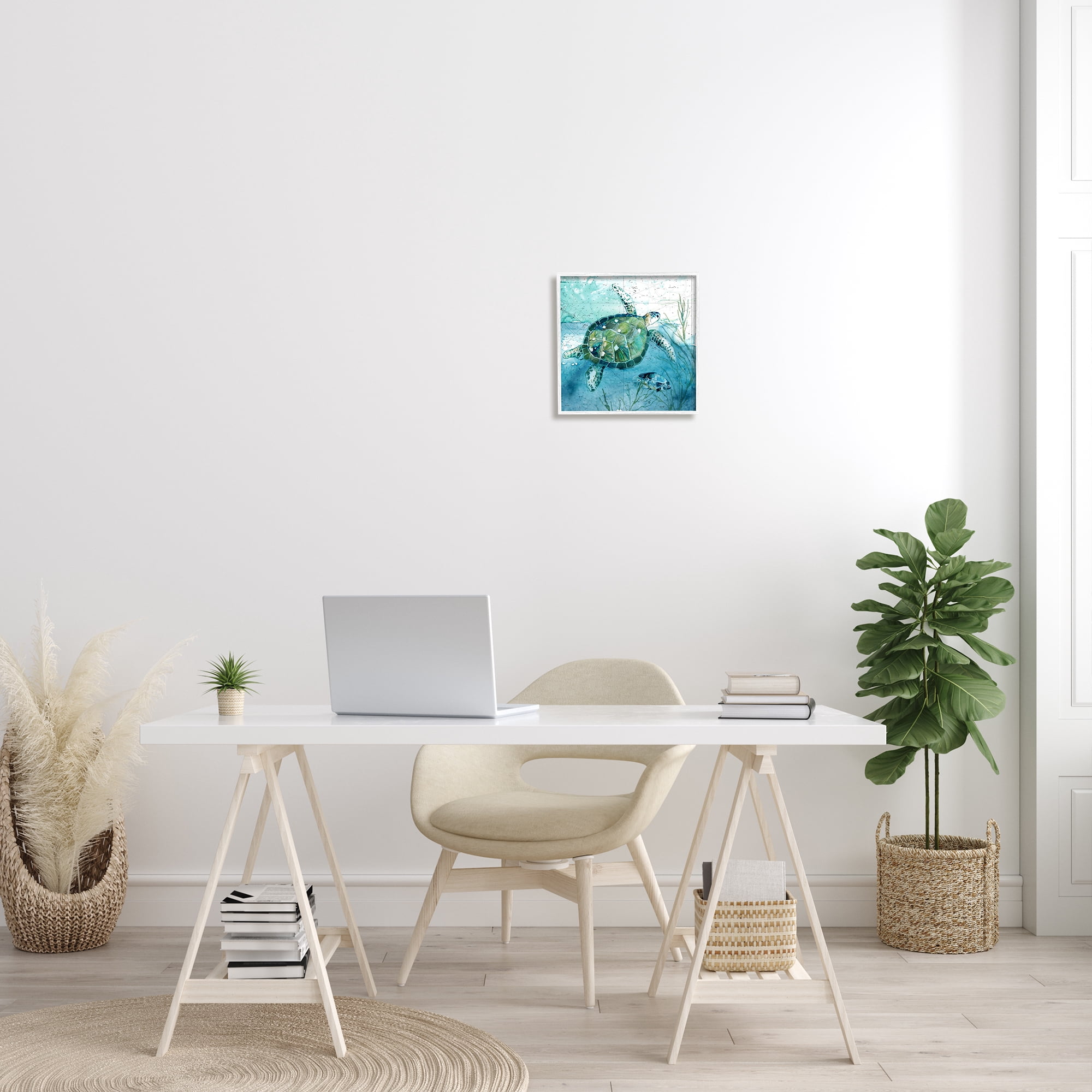 Stupell Industries Sea Tortoise and Fish over Blue Nautical Ocean Map Animals & Insects Painting White Framed Art Print Wall Art, 12 x 12
