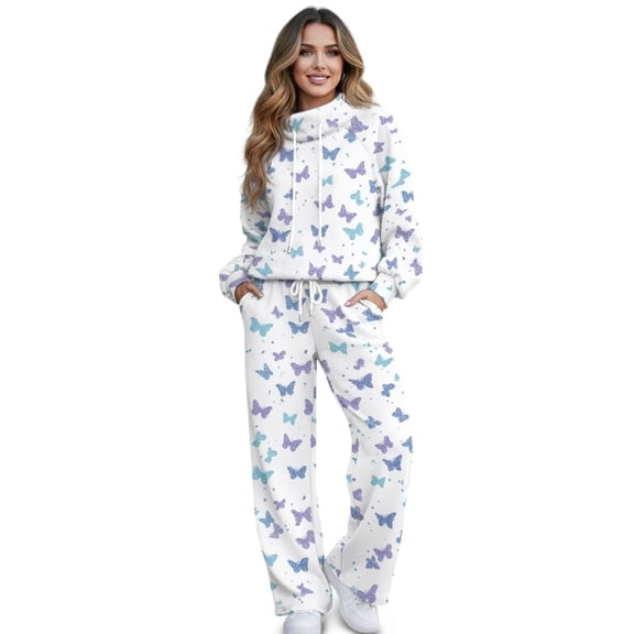 Renewold 2 Piece Lounge Sets for Women Matching Set Track Suit Mock Neck Sweatshirts and Wide Leg Drawstring Pants Workout Clothes for Jogging, Butterfly Print White, XS