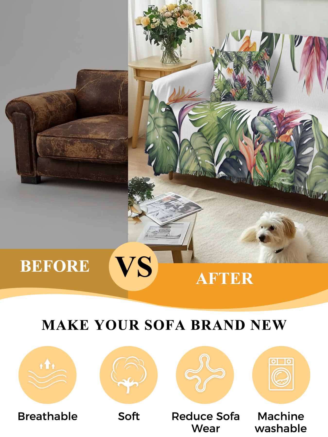Palm Leaves Couch Cover, Summer Botanical Tropical Plants Sofa Cover Blanket for 3 Cushion Couch,Sectional Sofa Slipcover Furniture Protector for Living Room Bedroom 71''x134''