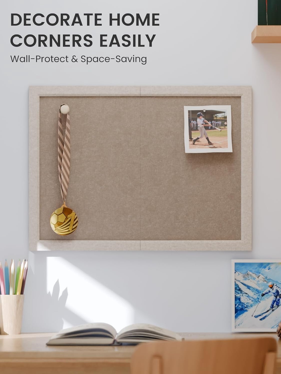 Foldable Cork Board Alternative, Felt Bulletin Board 24" x 18" Oatmeal Frame with 16 Adhesive Tabs, Pin Board for Home Office, Classroom, Entryway, Kitchen Wall Decor—Deep Camel