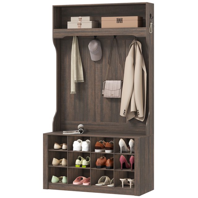CoSoTower 4-In-1 Hall Tree with Bench and Shoe Storage, Farmhouse Coat Rack Shoe Bench with 12 Shoe Cubbies, 6 Hooks, Dark Brown