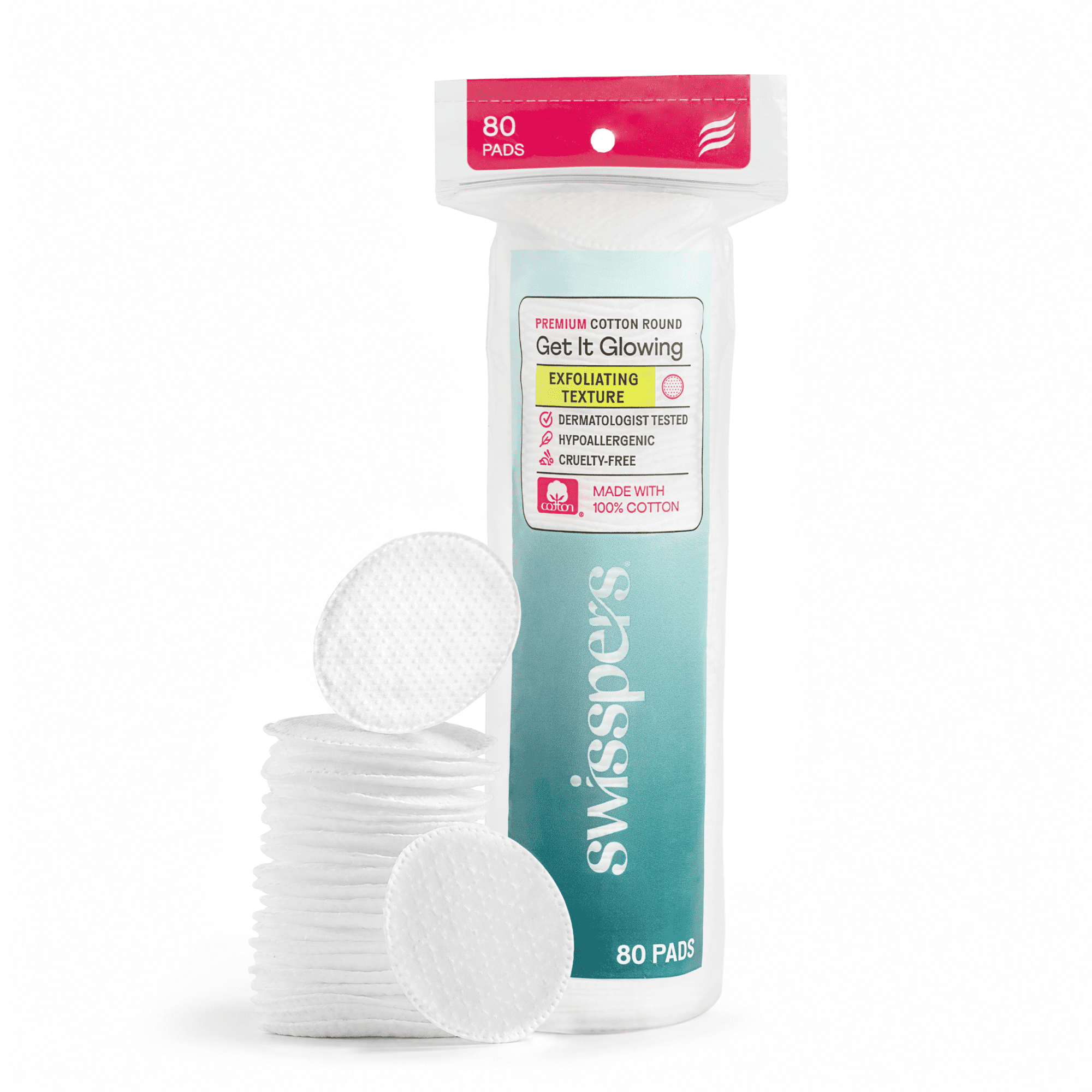 (6 pack) Swisspers Premium Exfoliating 100% Pure Chlorine Free Cotton Rounds, Dermatologist Tested, Soft, Absorbent, Dual-Sided, Gentle Natural Exfoliation, Sensitive Skin Safe, Vegan, Cruelty-Free, 80 Pads
