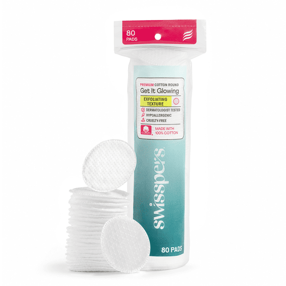 Swisspers Premium Exfoliating 100% Pure Chlorine Free Cotton Rounds, Dermatologist Tested, Soft, Absorbent, Dual-Sided, Gentle Natural Exfoliation, Sensitive Skin Safe, Vegan, Cruelty-Free, 80 Pads