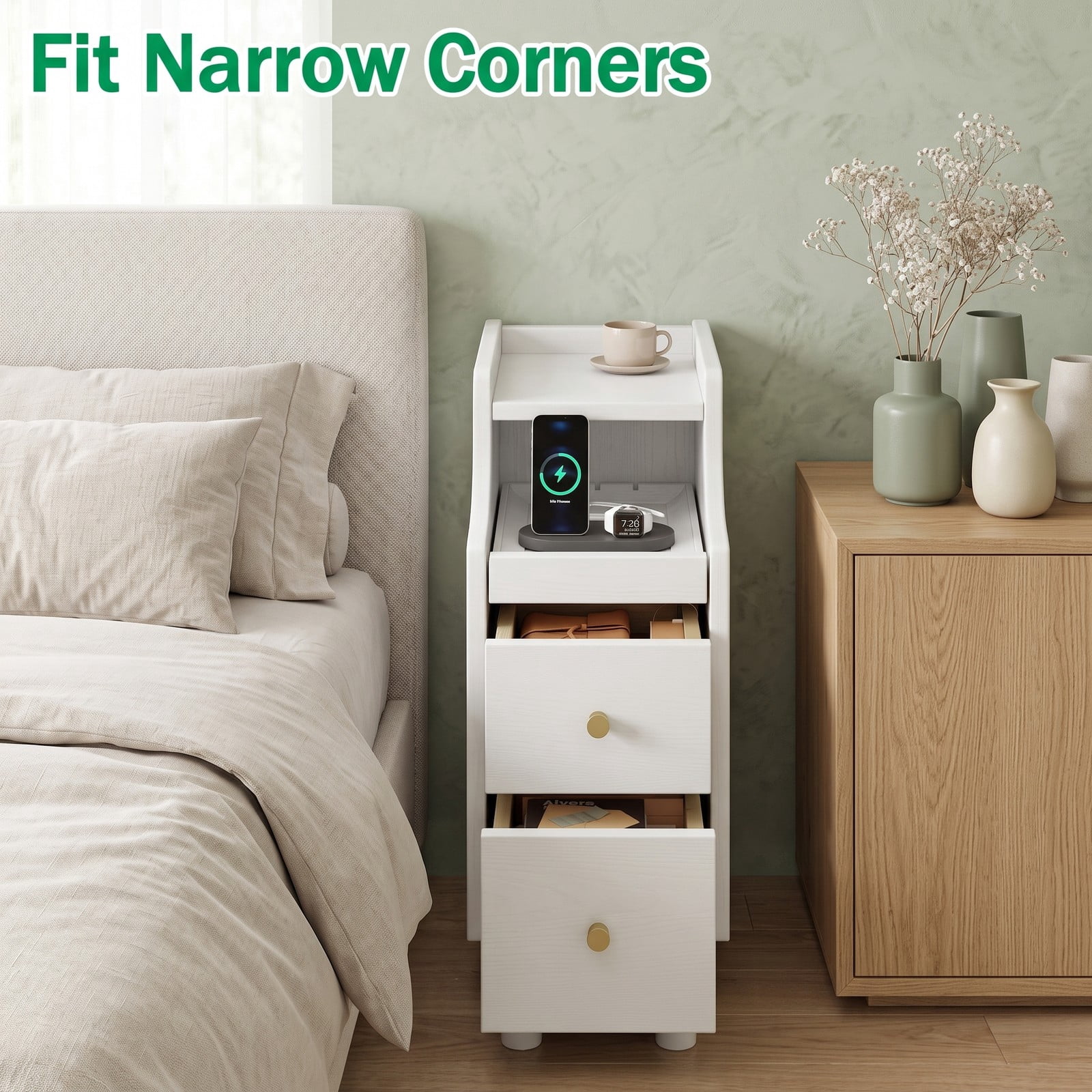 Furnibear Set of 2 Solid Rubber Wood Nightstands with Pull-out Tray and 2 Storage Drawers for Bedroom Living Room and Small Spaces, White