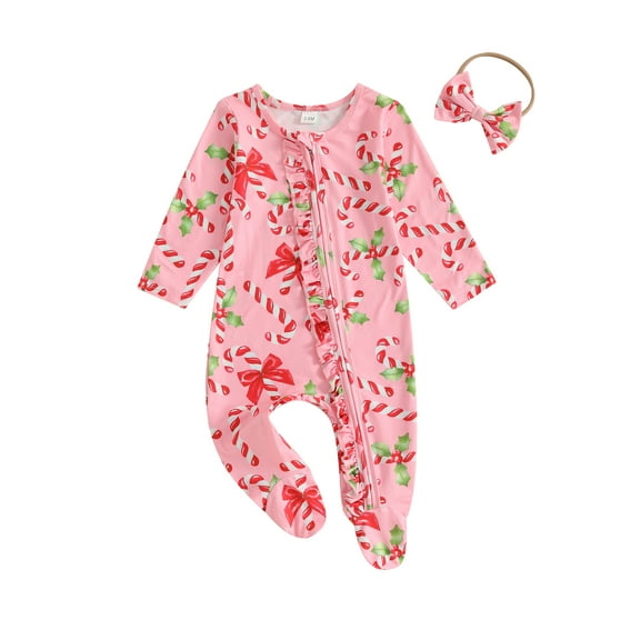 aturustex Newborn Baby Girl Christmas Jumpsuit 0 3M 6M Infant Long Sleeve Zip Up Footie Romper Candy Cane Print Round Neck Bodysuits Headband Toddler Little Girls Loose Casual Cute Daily Outfits