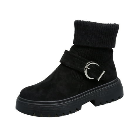 

Lovskoo 2024 Knit Boots for Women Low Heel Round Toe Platform Slip On Fall Heeled Short Boots Shoes Black