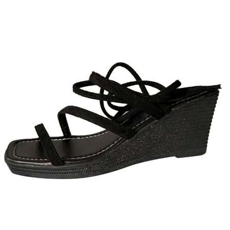 

Ladies Fashion Summer Solid Suede Square Headed Ankle Strap Slope Heel Sandals