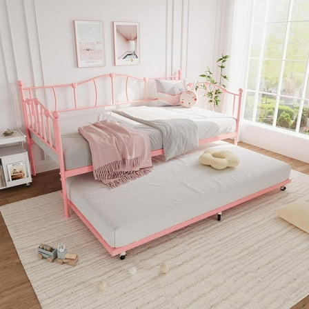 Garvee Metal Twin Daybed with Trundle – Pullout Trundle Bed, Sofa Bed Frame with Steel Slat Support, No Box Spring Needed, Pink Day Bed with Headboard for Bedroom, Living Room & Guest Room