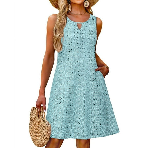 Cover Up Summer Dresses for Women 2025 Eyelet Casual Loose Sleeveless Sundresses Tank Dresses with Pockets Light Blue S