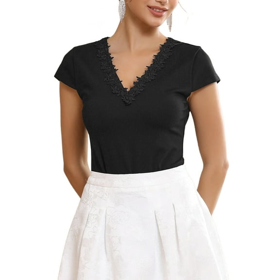 INSPIRE CHIC Women's V Neck Bodysuit 2025 Lace Trim Going Out Short Sleeve Elegant Formal Leotard Bodysuits Tops S Black