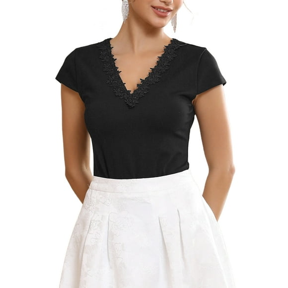 INSPIRE CHIC Women's V Neck Bodysuit 2025 Lace Trim Going Out Short Sleeve Elegant Formal Leotard Bodysuits Tops L Black