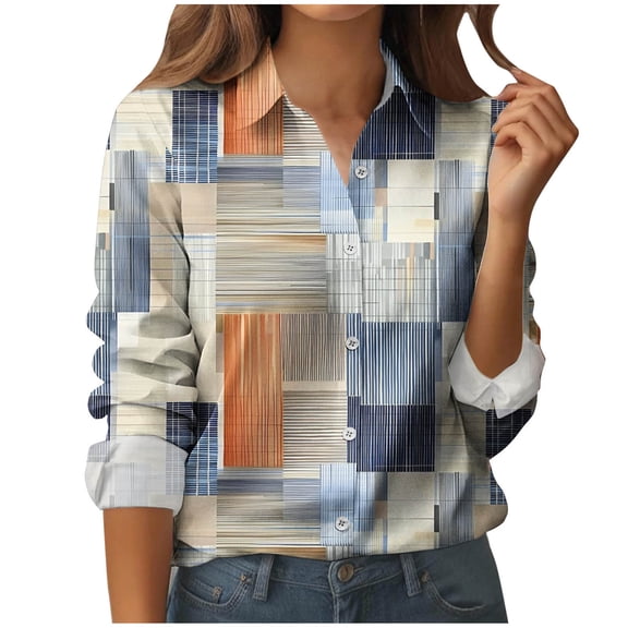 Rutainlusire Dressy Button Up Shirts for Women Long Sleeve Printed Blouses Loose Fitting Fashion Turn-down Collar Tops for Work & Daily Outfits