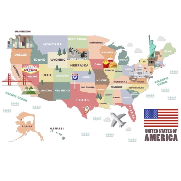 United States Map with Landmarks Wall Decal se306