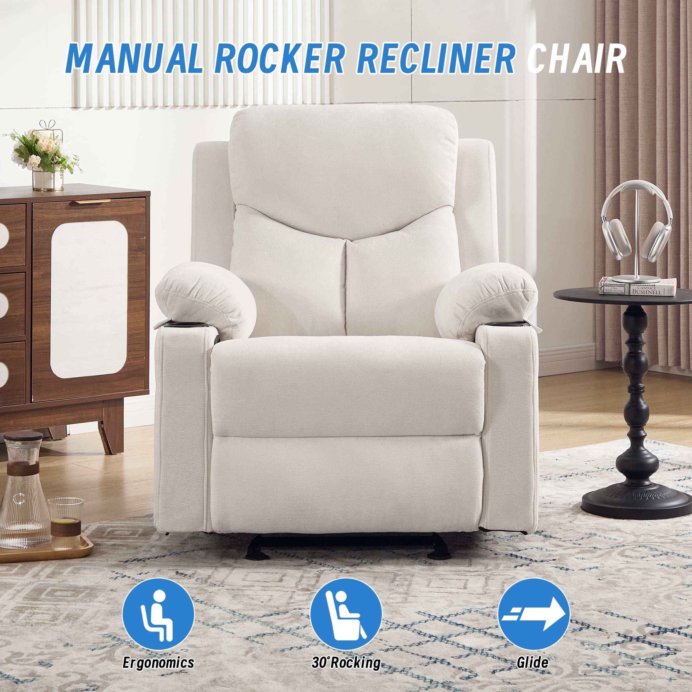 Manual Rocker Recliner Chair for Adults with Vibration Massage,Glider Rocking Recliner Chairs for Living Room Bedroom Overstuffed Soft Reclining Sofa Chair with Pockets and Cup Holds (Beige)