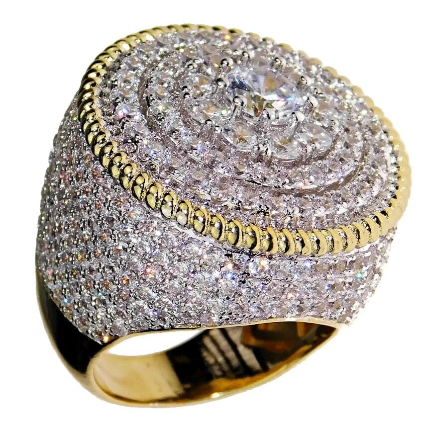 ICED OUT MEN'S BIG BOLD NEW YELLOW GOLD FINISH SILVER PINKY RING BAND FULL STONE 