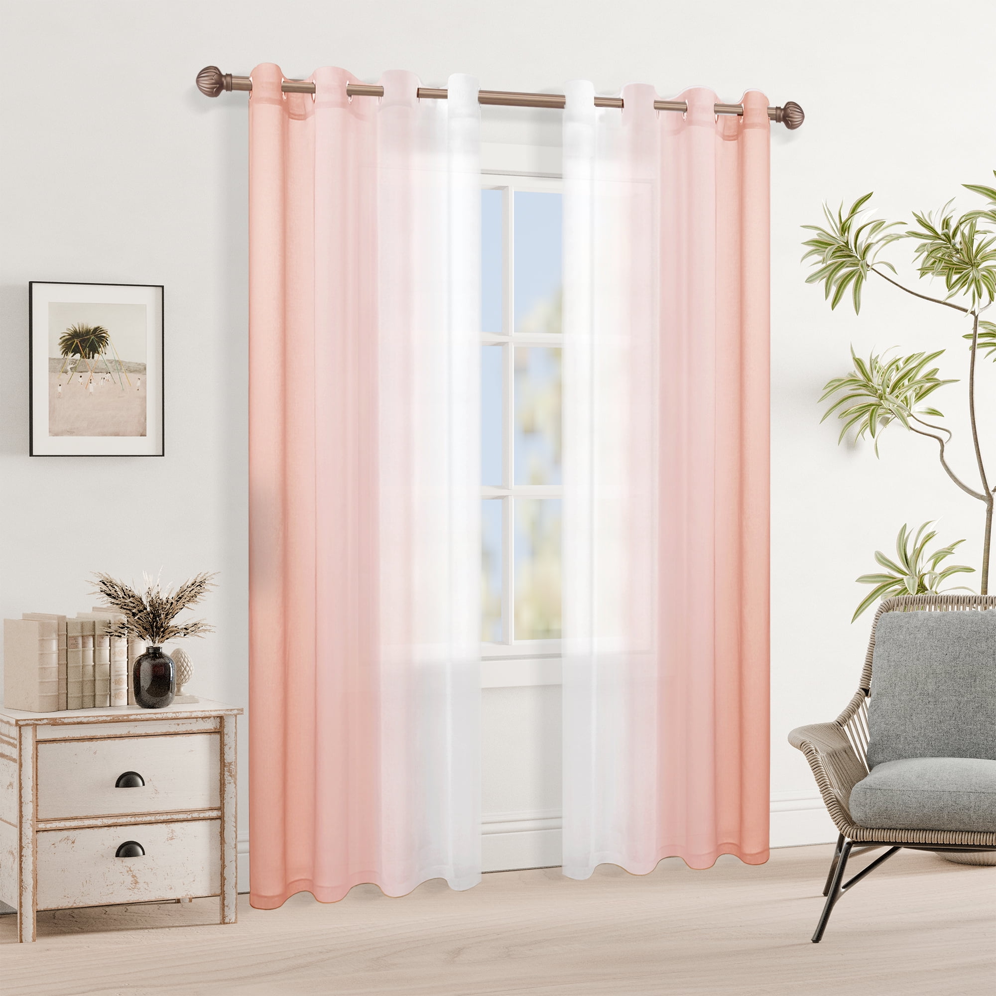 XWZO Pink Sheer Curtains 2 Panels for Girls Room, Faux Linen Semi Voile Gradient Grommet Curtains for Bedroom, Modern Living Room Window Curtain Panels, 52 x 84 Inch, Blush