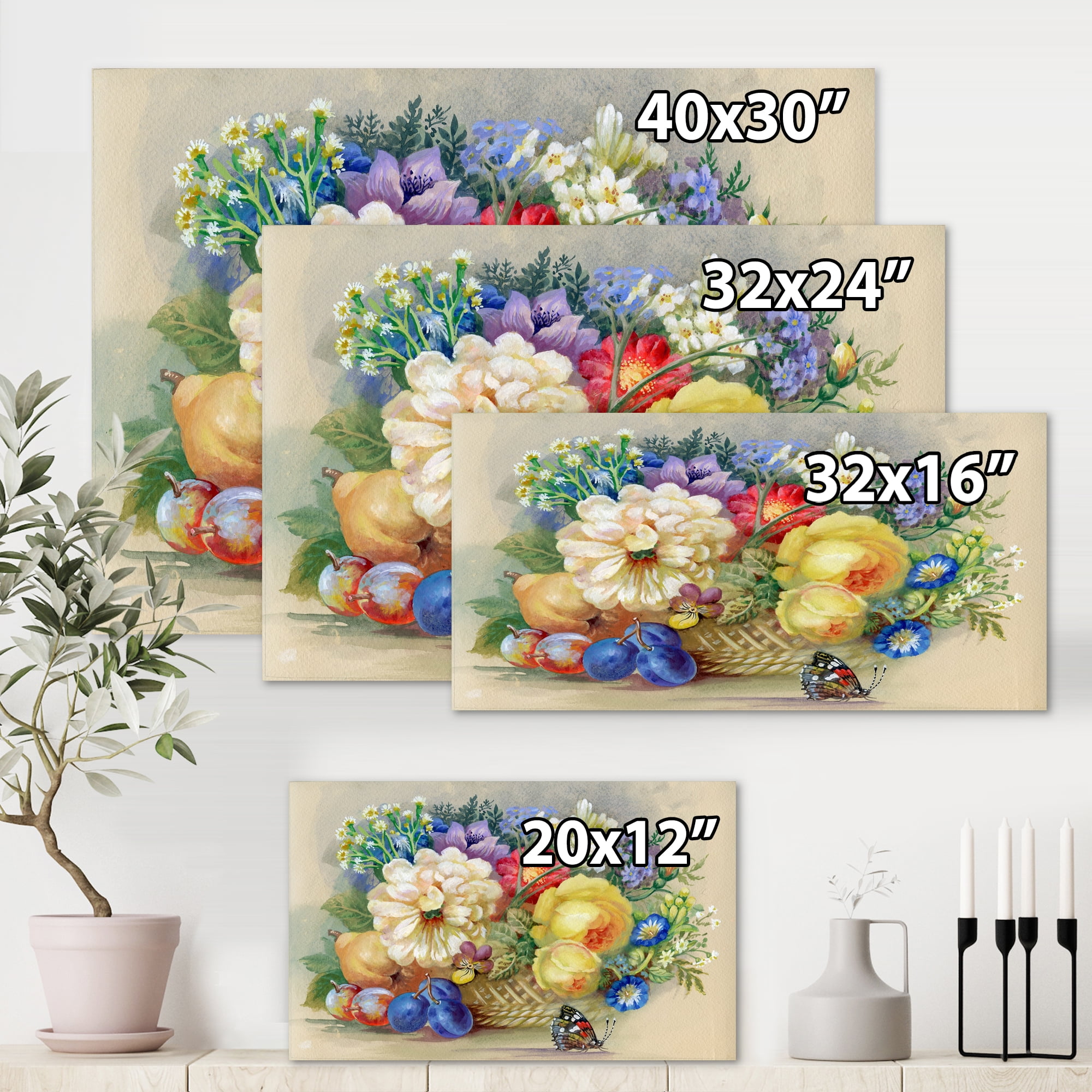 Vintage Still Life Of White and Yellow Flowers 8 in x 12 in Painting Canvas Art Print, by Designart