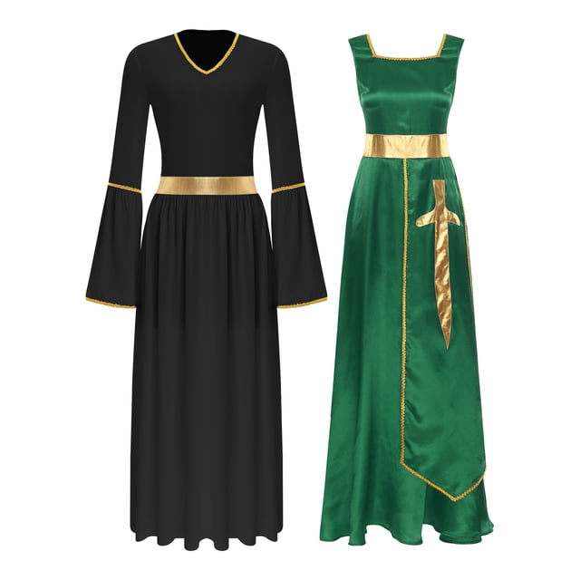 Kaerm Tunique de Danse pour Femmes, Robe de Culte d'Église, Robe Maxi à Manches Longues, Vert&Noir G