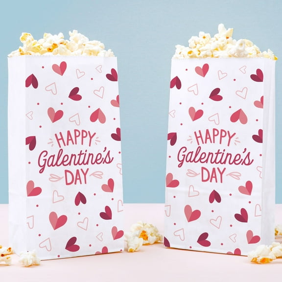 Big Dot of Happiness Happy Galentine’s Day Popcorn Bags with Hearts, Valentine’s Day Party Favor Snack Treats, Free-Standing Individual White Paper Bags - 25 Count