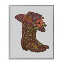 Stupell Industries Paisley Cowboy Boots Botanical & Floral Painting Gray Framed Art Print Wall Art, 16 x 20