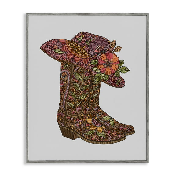Stupell Industries Paisley Cowboy Boots Botanical & Floral Painting Gray Framed Art Print Wall Art, 16 x 20