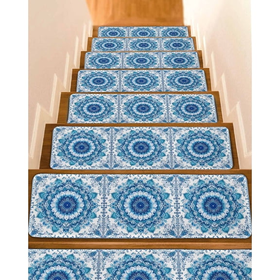 Blue Bohemian Flower Non-Slip Stair Treads for Wooden Steps, 15 Pack 8x30 Inches Carpet Stair Mats with Adhesive Backing, Noise-Reducing Step Covers for Indoor Stairs, Easy to Install & Residue-Free