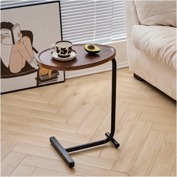 JERFIT C-Shaped End Table, Narrow Sofa Side Table with Metal Frame for Small Spaces, Bedroom & Living Room, Brown