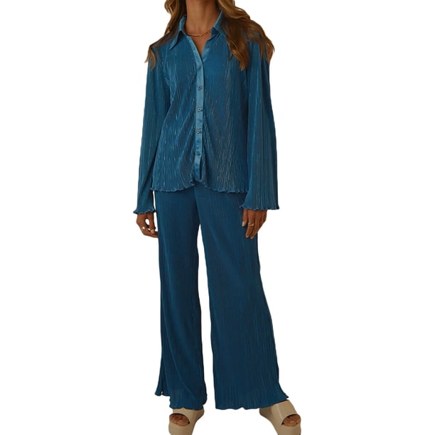 VISgogo, conjunto de ropa informal de 2 uds para mujer, estampado de flores/patrón abstracto, botones de solapa, camisas de manga larga, Tops con pantalones largos sueltos VISgogo moda