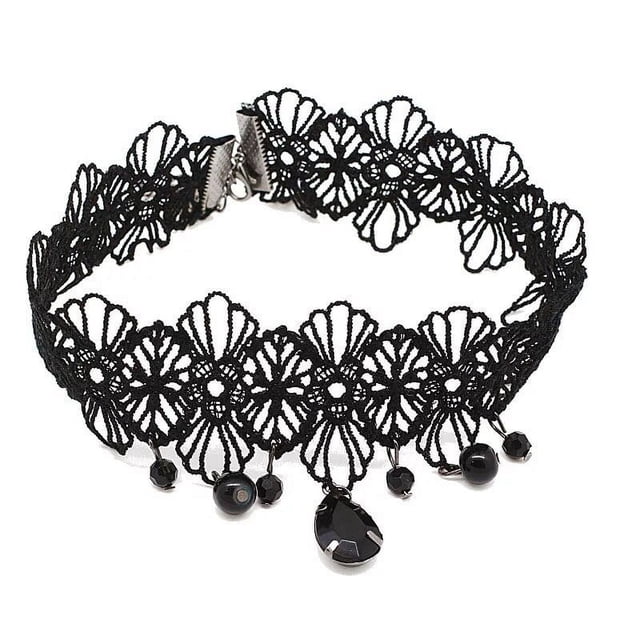 Collar de mujer, gargantilla de encaje negro, joyería vintage para el cuello, negro