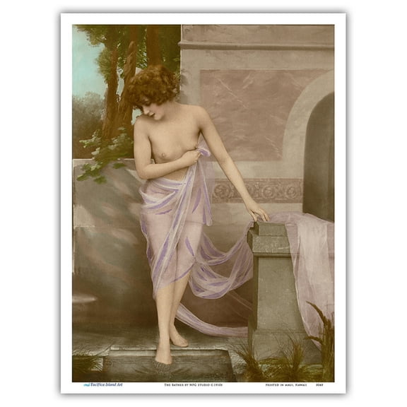 The Bather - Classic Vintage French Figure - Hand-Colored Tinted Art - From a German Risque Postcard c.1910s - Master Art Print (Unframed) 9in x 12in