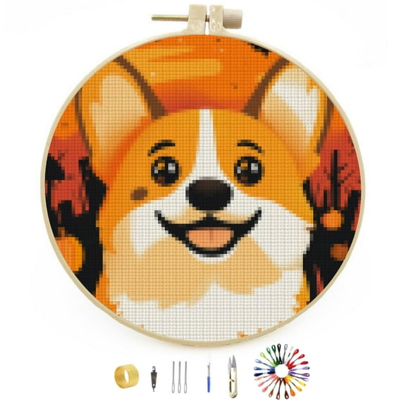 Happy Halloween Corgi Dog DIY Stamped Cross Stitch Kits Easy for Beginners with Hoop 11CT Counted Embroidery Needlepoint Crafts Arts for Handmade Enthusiasts and Home Decor 30x30cm(1)